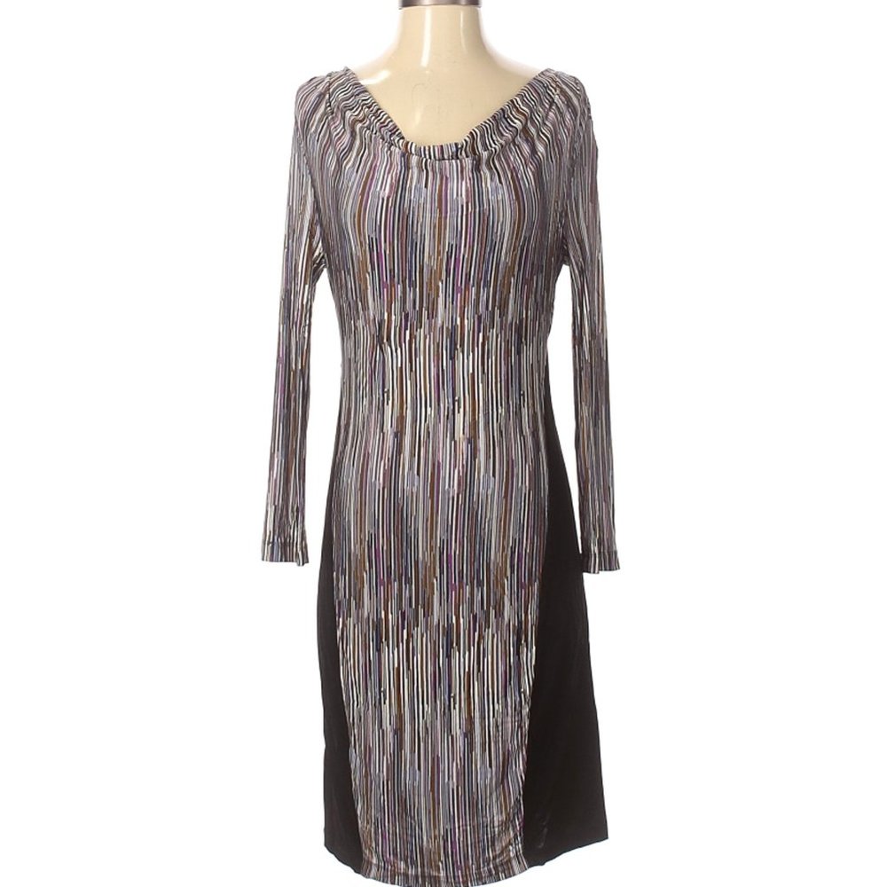 BCBGMAXAZRIA Dress Purple Black Boho Ruched Calf Length Sz S #207